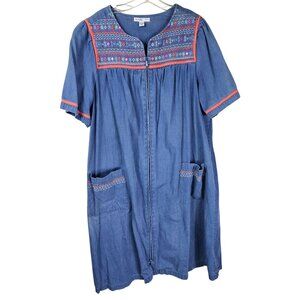 Go Softly Patio Dress 1X Pink Embroidered Zip Front Apron Pockets Cottagecore